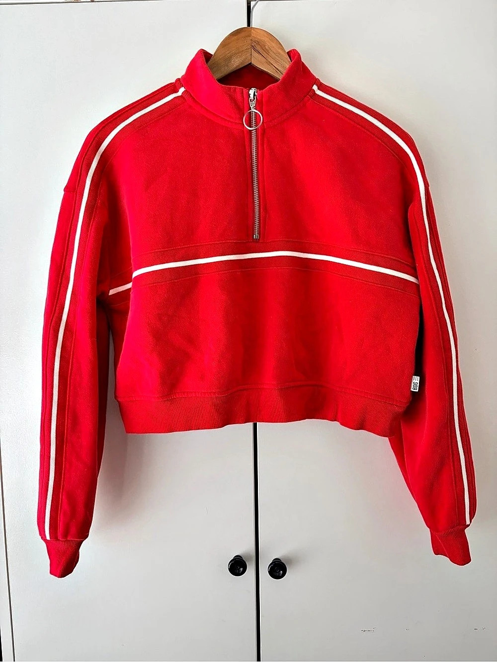 BDG Red Quarter-Zip Sweatshirt with White Stripes Women'Small